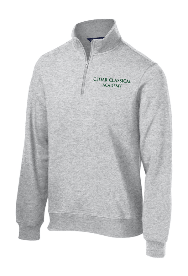 Custom Apparel - Screen Printing - Cedar Classical Academy - Adult Unisex 1/4 Zip Sweatshirt ~ Grey / Forest Green ~ - Cedar Classical - 16866