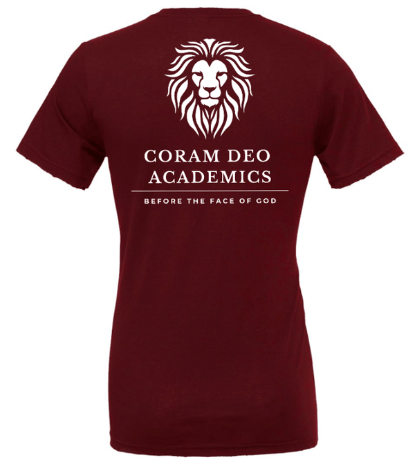 Custom Printed Apparel | Coram Deo Fall 2025 - Adult T-Shirt (Royal/Maroon) - Coram Deo Fall 2025 - 18452