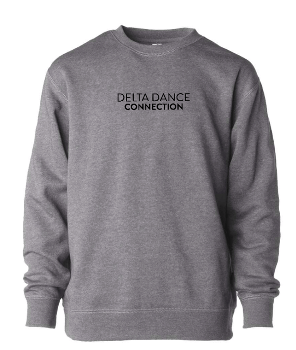 Custom Printed Apparel | Delta Dance Connection Fall 2025 - Youth Dark Grey Crewneck Text Design - Delta Dance F25 - 18488