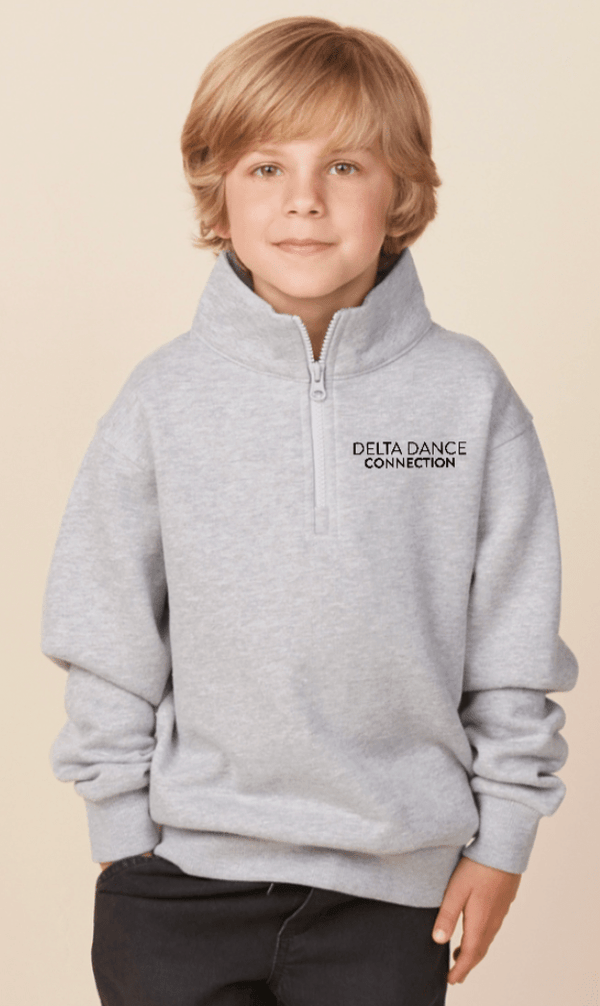 Custom Printed Apparel | Delta Dance Connection Fall 2025 - Youth Quarter Zip Badge Text Design (Athletic Heather/Hot Pink) - Delta Dance F25 - 18488