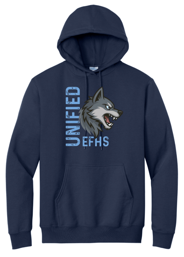 Custom Printed Apparel | EFHS Unified Sports Fall 2025 - Adult Navy Hooded Sweatshirt - EFHS Unified Sports F 25 - 18350