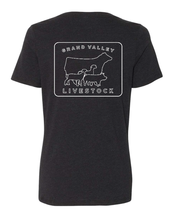Custom Apparel - Screen Printing - Grand Valley Livestock - Ladies Relaxed V - Neck (Black / Dark Grey) - Grand Valley Livestock - 17568