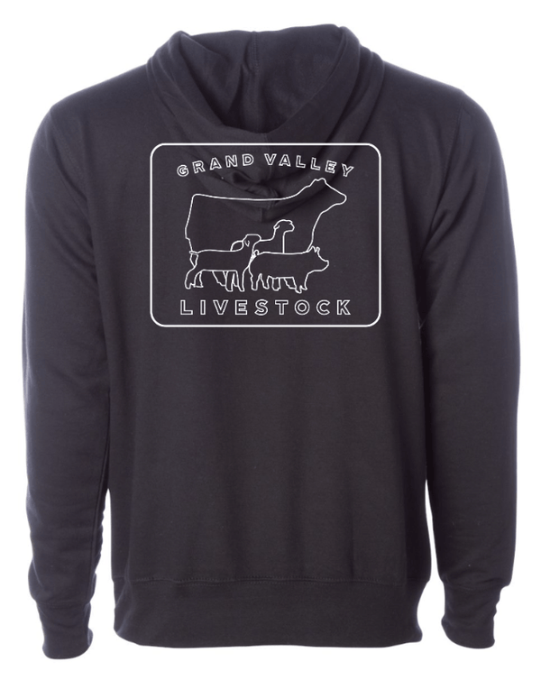 Custom Apparel - Screen Printing - Grand Valley Livestock - Midweight Hooded Sweatshirt (Alpine Green / Black) - Grand Valley Livestock - 16251