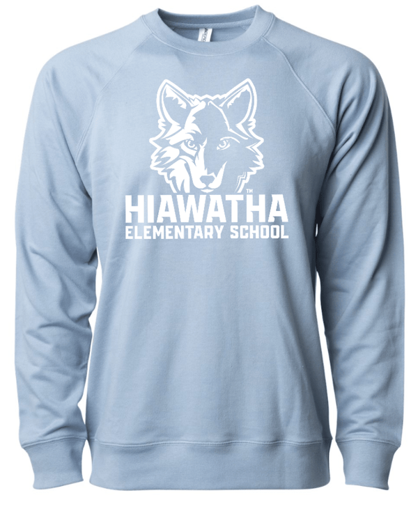 Custom Printed Apparel | Hiawatha Back to School 2025 - Adult Terry Crewneck Sweatshirt (Misty Blue/Port) (Size Up) - Hiawatha Back to School 2025 - 18289