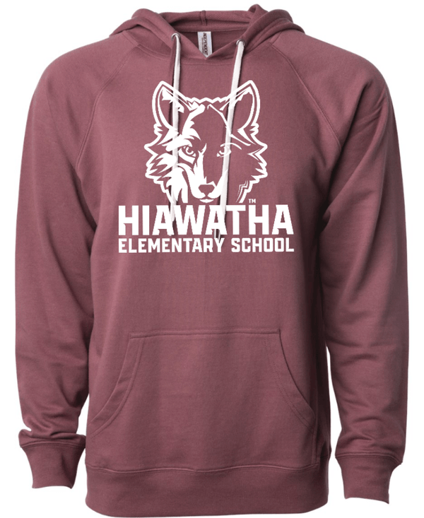 Custom Printed Apparel | Hiawatha Back to School 2025 - Adult Terry Hooded Sweatshirt (Misty Blue/Port) - Hiawatha Back to School 2025 - 18289