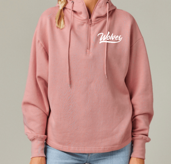 Custom Printed Apparel | Hiawatha Back to School 2025 - Ladies Boxy Quarter Zip Pink (Hiawatha Elementary/Wolves) - Hiawatha Back to School 2025 - 18289