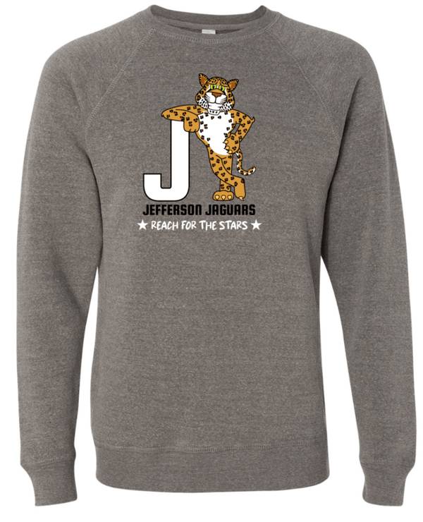 Custom Printed Apparel | Jefferson Elementary Fall 2025 - Grey Adult Raglan Crewneck Sweatshirt - Jefferson Elementary Fall 2025 - 18430