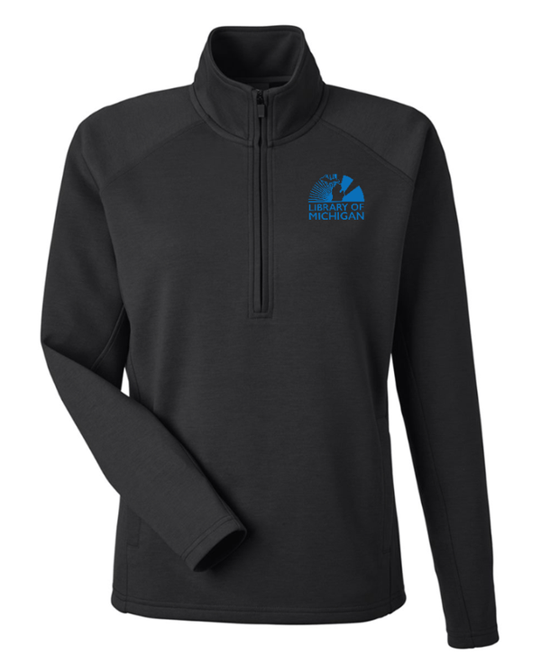 Custom Apparel - Screen Printing - Library of Michigan - Women's Fleece Quarter Zip Pullover (Blue / Black) - Library of Michigan - 17783