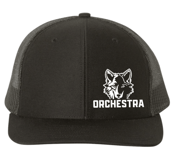 Custom Printed Apparel | Okemos Orchestra 2025 - Adult Snapback Trucker Cap "Badge Design" (Grey/Black) - Okemos Orchesta W25 - 18692