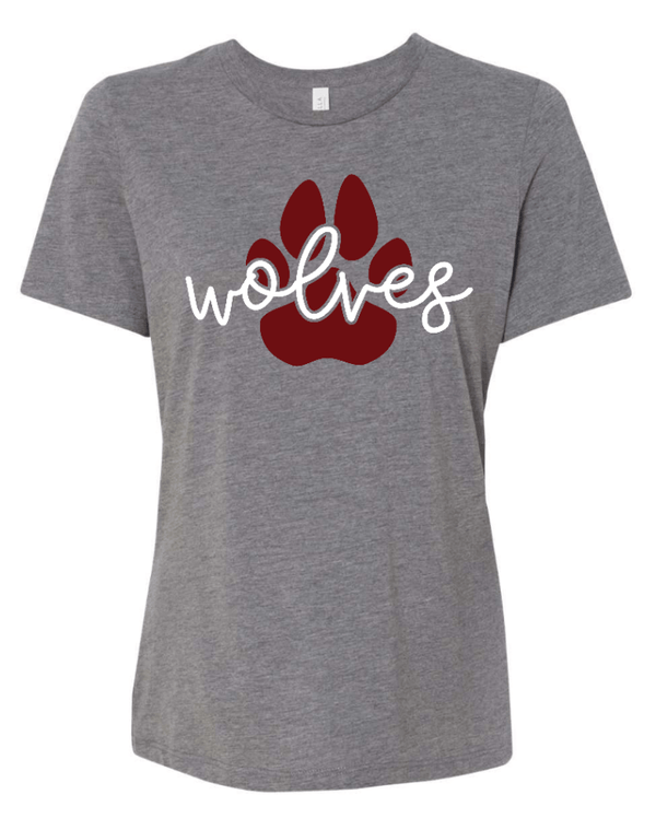 Custom Apparel - Screen Printing - Okemos Wolves Community - Women's Relaxed Fit Triblend T-Shirt (Wolves Script & Paw Print Design) - Okemos Wolves Community - 16314