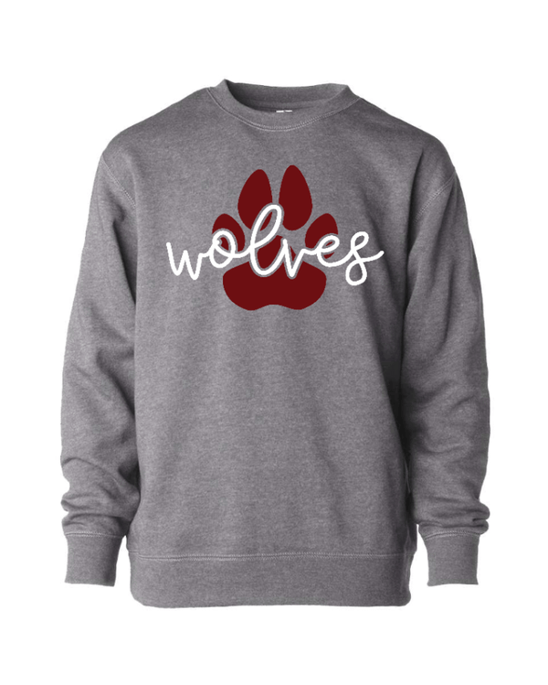 Custom Apparel - Screen Printing - Okemos Wolves Community - Youth Lightweight Crewneck Sweatshirt (Wolves Script & Paw Print Deesign) - Okemos Wolves Community - 16314