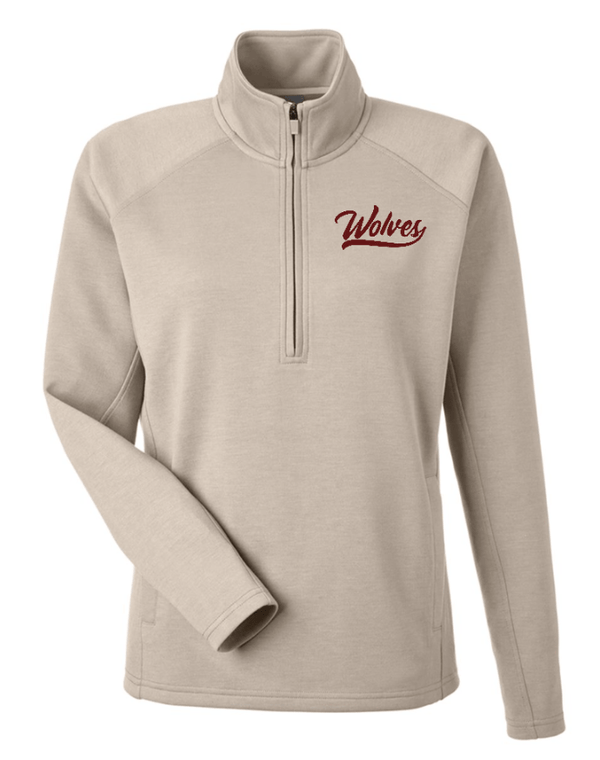 Custom Apparel - Screen Printing - Okemos Wolves - Embroidered Women's Fleece Quarter Zip Pullover (Blue / Tan) (Apparel on Demand) - Okemos Public Schools