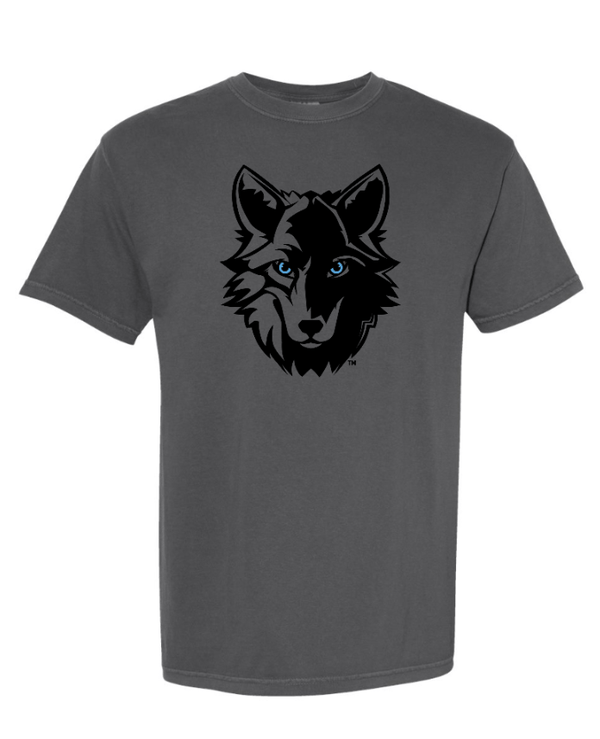 Custom Apparel - Screen Printing - Okemos Wolves - Garment Dyed Heavyweight T-Shirt (Wolf with Blue Eyes Design) - Okemos Public Schools