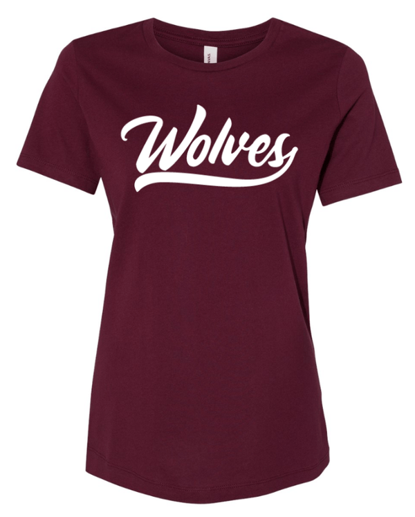 Custom Apparel - Screen Printing - Okemos Wolves - Women's Relaxed Tee (Wolves Script Design) - Okemos Public Schools