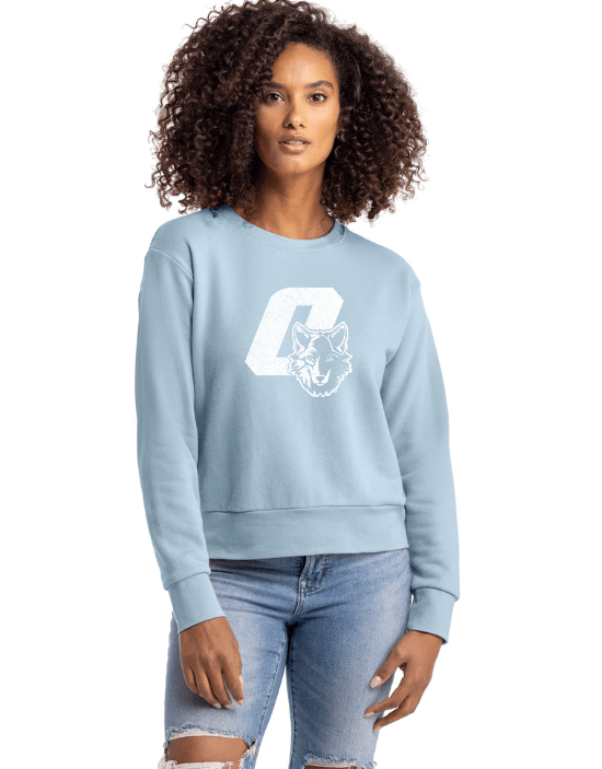 Custom Apparel - Screen Printing - Okemos Wolves - Women's Sueded Blue Crewneck Sweatshirt - Okemos Public Schools