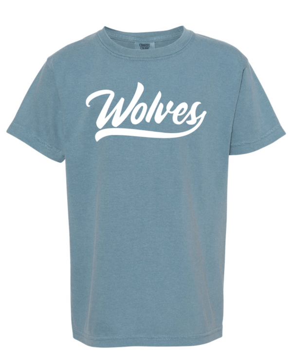 Custom Apparel - Screen Printing - Okemos Wolves - Youth Blue "Wolves" Script Heavyweight T-Shirt - Shirts & Tops - Okemos Public Schools