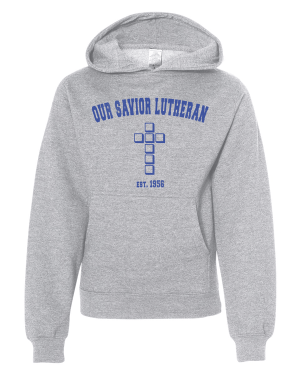 Custom Apparel - Screen Printing - Our Savior Lutheran Grey Youth Hooded Sweatshirt - OSL Fulfillment Stock