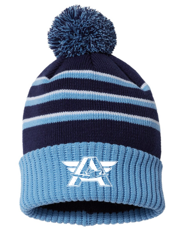 Sky Crossing - Embroidered Unisex Striped Pom Beanie