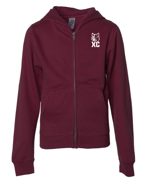 Okemos CMS Cross Country - Youth Midweight Full Zip Hooded Sweatshirt (Black, Maroon)