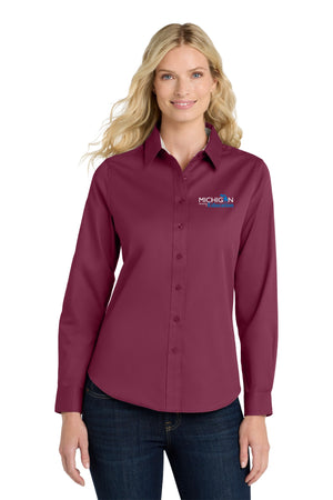Michigan Department of Education Button Up Dress Shirt Burgundy/ Light Stone front view