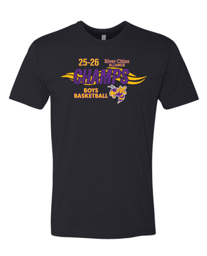 Black t-shirt with '25-26 River Cities Alliance Champs Boys Basketball' text and logo on a white background