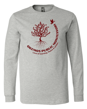 Custom Printed Apparel | Adult Unisex Custom T-Shirt - Grey Heather Long Sleeve | Okemos Public Montessori - OPM Spring - 19289