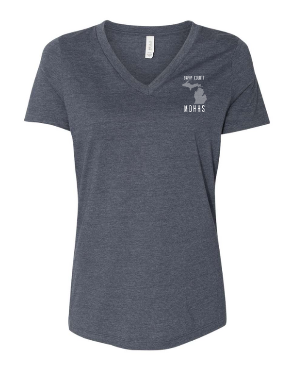 MDHHS Gear - Allegan & Barry Co. - Women's Relaxed V-Neck Tee --State Design- (Multiple Colors Available)