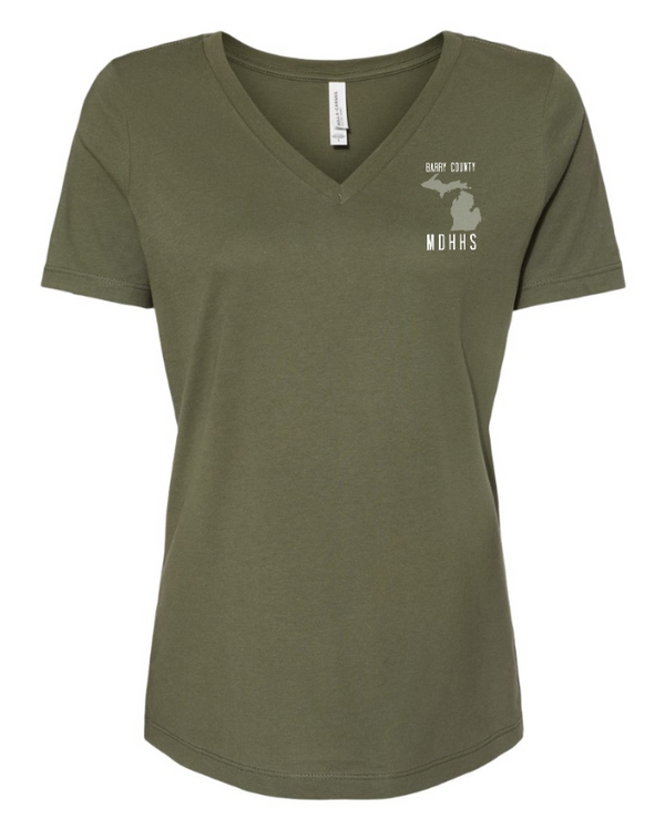 MDHHS Gear - Allegan & Barry Co. - Women's Relaxed V-Neck Tee --State Design- (Multiple Colors Available)