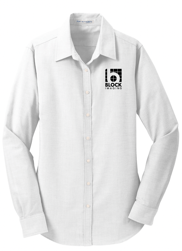 Custom Apparel - Screen Printing - Block Imaging - Women's Oxford Polo (White - Blue) - Block