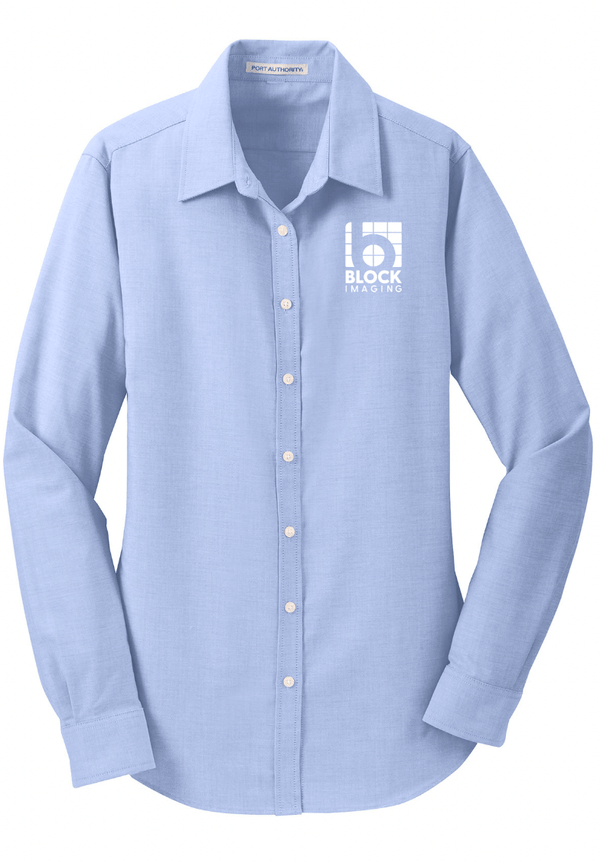 Custom Apparel - Screen Printing - Block Imaging - Women's Oxford Polo (White - Blue) - Block