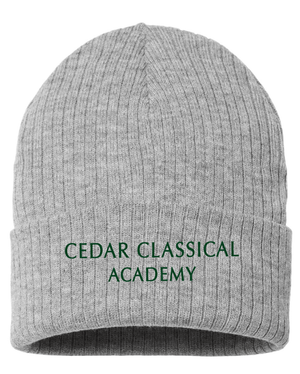 Custom Apparel - Screen Printing - Cedar Classical Academy - Sustainable Rib Cuffed Beanie ~ Grey / Green ~ - Cedar Classical - 16866