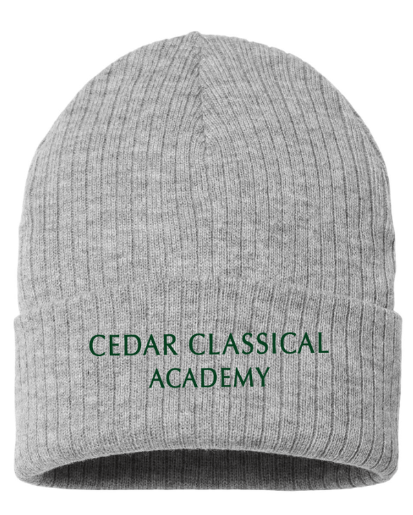Custom Apparel - Screen Printing - Cedar Classical Academy - Sustainable Rib Cuffed Beanie ~ Grey / Green ~ - Cedar Classical - 16866