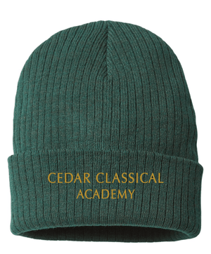 Custom Apparel - Screen Printing - Cedar Classical Academy - Sustainable Rib Cuffed Beanie ~ Grey / Green ~ - Cedar Classical - 16866