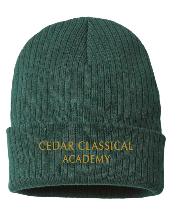 Custom Apparel - Screen Printing - Cedar Classical Academy - Sustainable Rib Cuffed Beanie ~ Grey / Green ~ - Cedar Classical - 16866