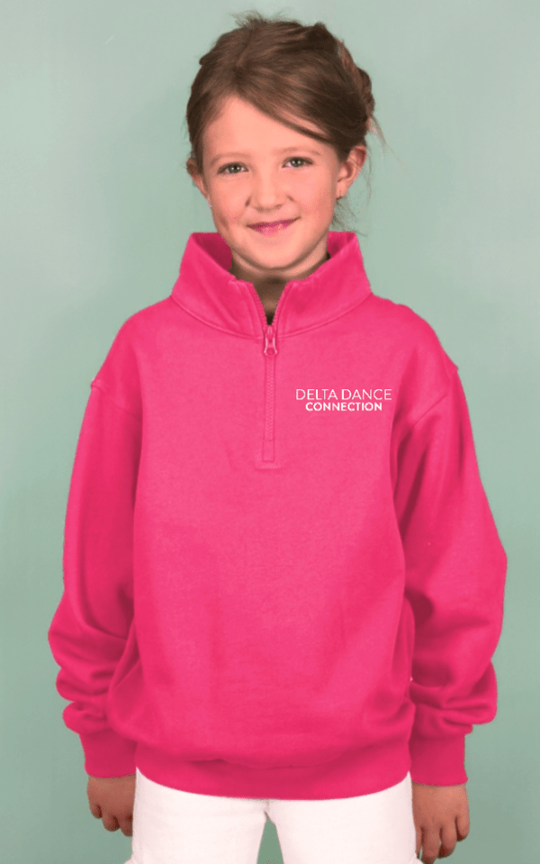Custom Printed Apparel | Delta Dance Connection Fall 2025 - Youth Quarter Zip Badge Text Design (Athletic Heather/Hot Pink) - Delta Dance F25 - 18488