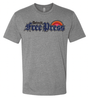 Custom Printed Apparel | Detroit Free Press 2025 | Adult Unisex Dark Heather Grey T-Shirt "Free Press Sunny Design" - Detroit Free Press 25 - 18722