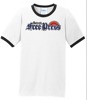 Custom Printed Apparel | Detroit Free Press 2025 | Adult Unisex White/Black Ringer Tee "Free Press Sunny Design" - Detroit Free Press 25 - 18722