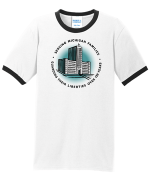 Custom Printed Apparel | Detroit Free Press 2025 | Adult Unisex White/Black Ringer Tee "Old Free Press Design" - Detroit Free Press 25 - 18722