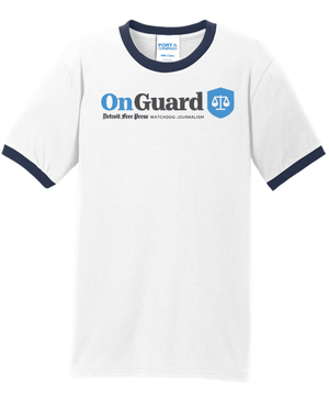 Custom Printed Apparel | Detroit Free Press 2025 | Adult Unisex White/Navy Ringer Tee "OnGuard Design" - Detroit Free Press 25 - 18722