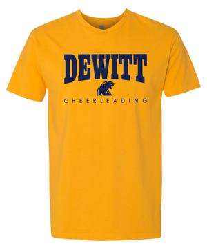 Custom Printed Apparel | DMS Competitive Cheer 2025 | Adult Unisex T-Shirt "Blue/Gold Dewitt Design" (Gold/Heather Grey) - DMS Comp Cheer 25 - 18782