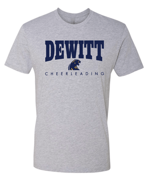 Custom Printed Apparel | DMS Competitive Cheer 2025 | Adult Unisex T-Shirt "Blue/Gold Dewitt Design" (Gold/Heather Grey) - DMS Comp Cheer 25 - 18782