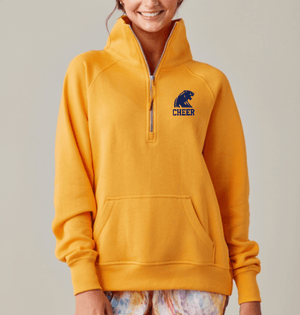 Custom Printed Apparel | DMS Competitive Cheer 2025 | Ladies Boxy 1/2 Zip Fleece "Panther Badge Design" (Light Grey/Mango Dream) - DMS Comp Cheer 25 - 18782