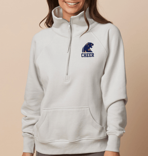 Custom Printed Apparel | DMS Competitive Cheer 2025 | Ladies Boxy 1/2 Zip Fleece "Panther Badge Design" (Light Grey/Mango Dream) - DMS Comp Cheer 25 - 18782