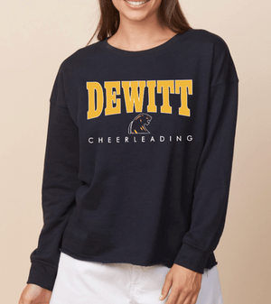 Custom Printed Apparel | DMS Competitive Cheer 2025 | Women's Navy Oversized Crewneck "Gold/White Dewitt Design" - DMS Comp Cheer 25 - 18782