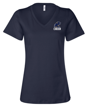 Custom Printed Apparel | DMS Competitive Cheer 2025 | Women's Navy Relaxed V - Neck "Panther Badge Design" - DMS Comp Cheer 25 - 18782