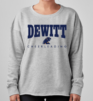 Custom Printed Apparel | DMS Competitive Cheer 2025 | Women's Oversized Crewneck "Blue/Gold Dewitt Design" (MULTIPLE COLOR OPTIONS) - DMS Comp Cheer 25 - 18782