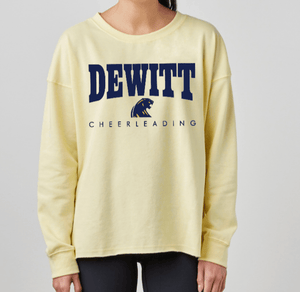 Custom Printed Apparel | DMS Competitive Cheer 2025 | Women's Oversized Crewneck "Blue/Gold Dewitt Design" (MULTIPLE COLOR OPTIONS) - DMS Comp Cheer 25 - 18782