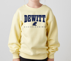 Custom Printed Apparel | DMS Competitive Cheer 2025 | Youth Crewneck "Blue/Gold Dewitt Design" (Athletic Heather/Butter) - DMS Comp Cheer 25 - 18782