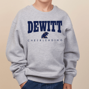 Custom Printed Apparel | DMS Competitive Cheer 2025 | Youth Crewneck "Blue/Gold Dewitt Design" (Athletic Heather/Butter) - DMS Comp Cheer 25 - 18782