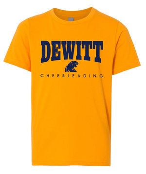 Custom Printed Apparel | DMS Competitive Cheer 2025 | Youth T-Shirt "Blue/Gold Dewitt Design" (Gold/Heather Grey) - DMS Comp Cheer 25 - 18782